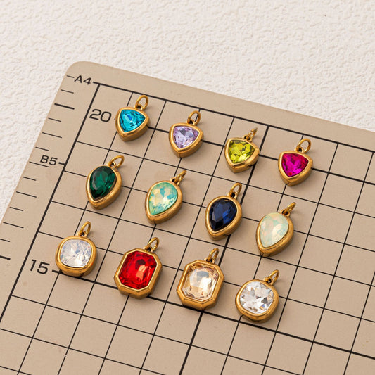 Minimalist Geometric 18K Gold Plated Titanium Steel Charm Bar with Rhinestone Inlaid Stainless Steel Birthstone Pendant for Women