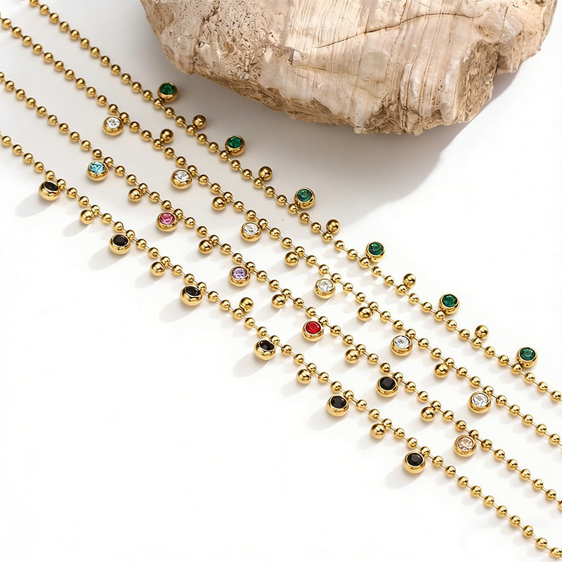 Vintage Geometric Round Stainless Steel Gold Plated Cubic Zirconia Necklace Ball Chain Unisex