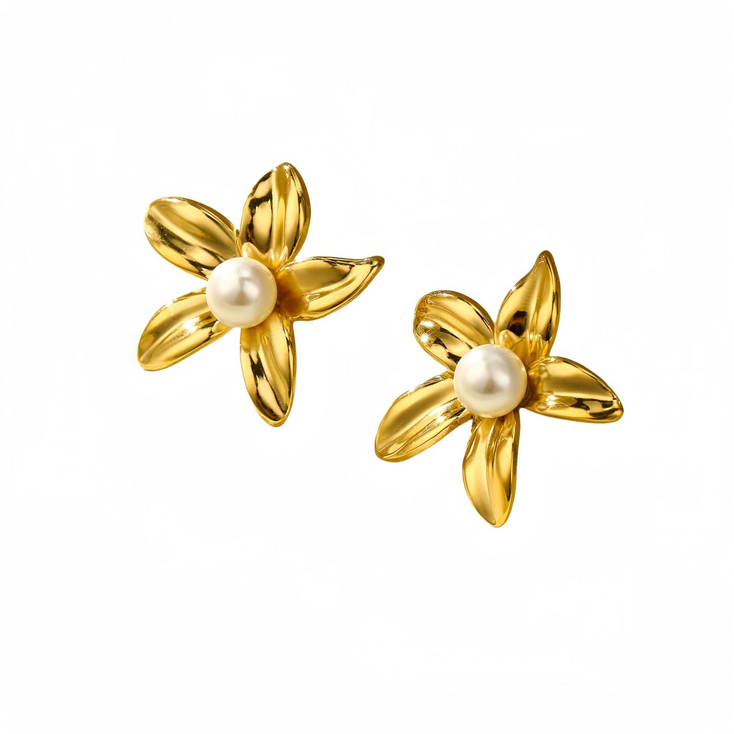 Fashionable Floral Pearl-Inlaid Titanium Steel Earrings with 18K Gold Plating for Women