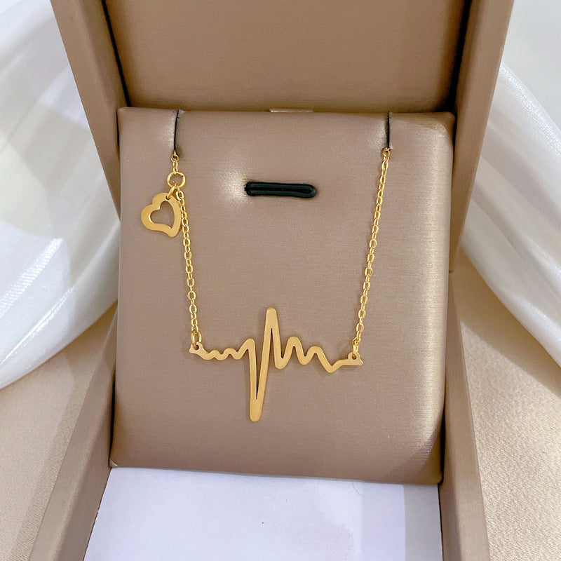 Collana da donna a forma di cuore con elettrocardiogramma geometrico minimalista in acciaio al titanio, placcata oro con design a catena per clavicola