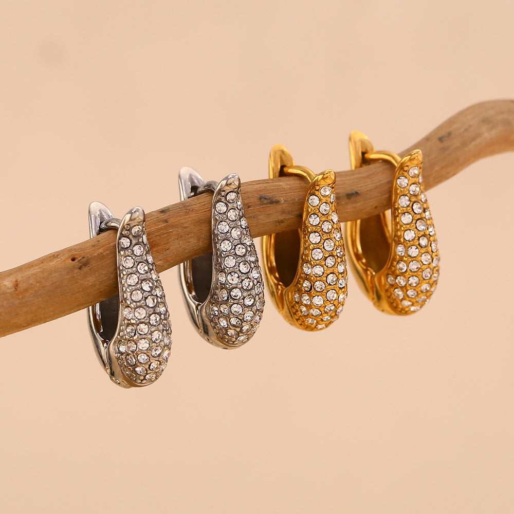 Fashionable Geometric U-Shaped Stainless Steel Earrings with 18K Gold Plating and Full Rhinestone Accents for Women