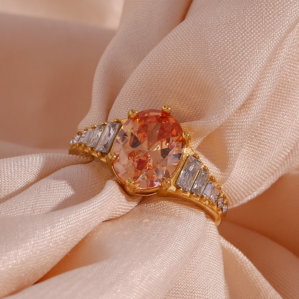Anello minimalista geometrico in acciaio inossidabile placcato oro 18K con zirconi ovali da donna