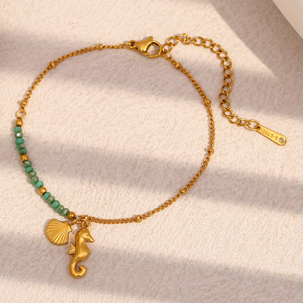 Fashionable Geometric Stainless Steel Plated 18K Gold Seahorse Pearl Bracelet for Women