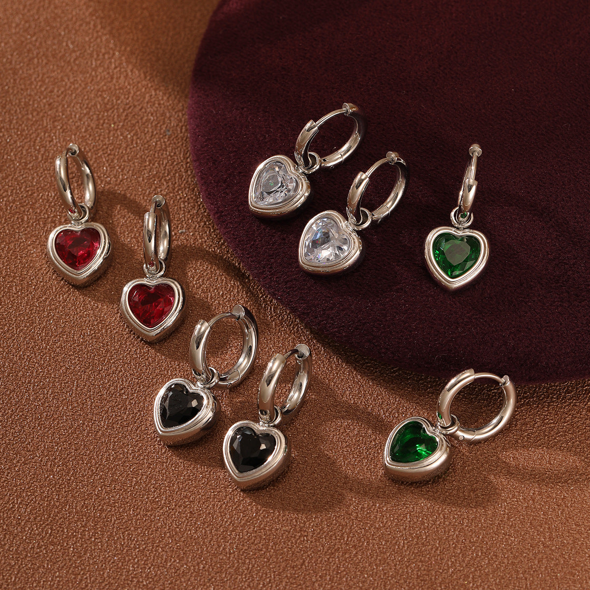 Fashion OL 18K Gold Plated Heart Shape Stainless Steel Earrings with Colorful Rhinestones for Women