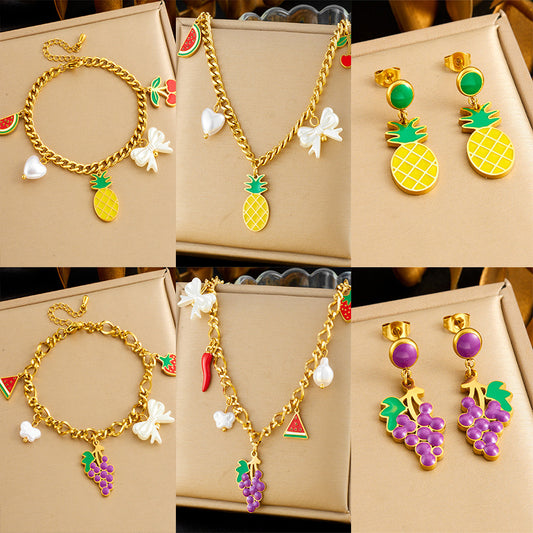 Elegant Cartoon Drip Oil Plated Stainless Steel Butterfly Fruit Jewelry Set with Serpentine Chain for Women