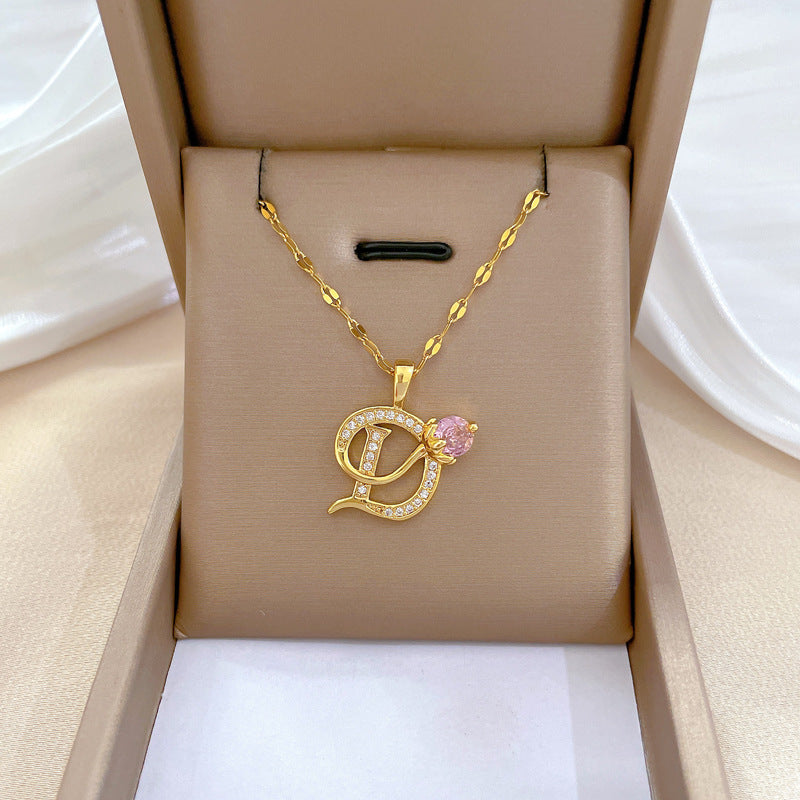 Collana con pendente a fiore geometrico dolce di lusso in acciaio al titanio con catena in rame e strass