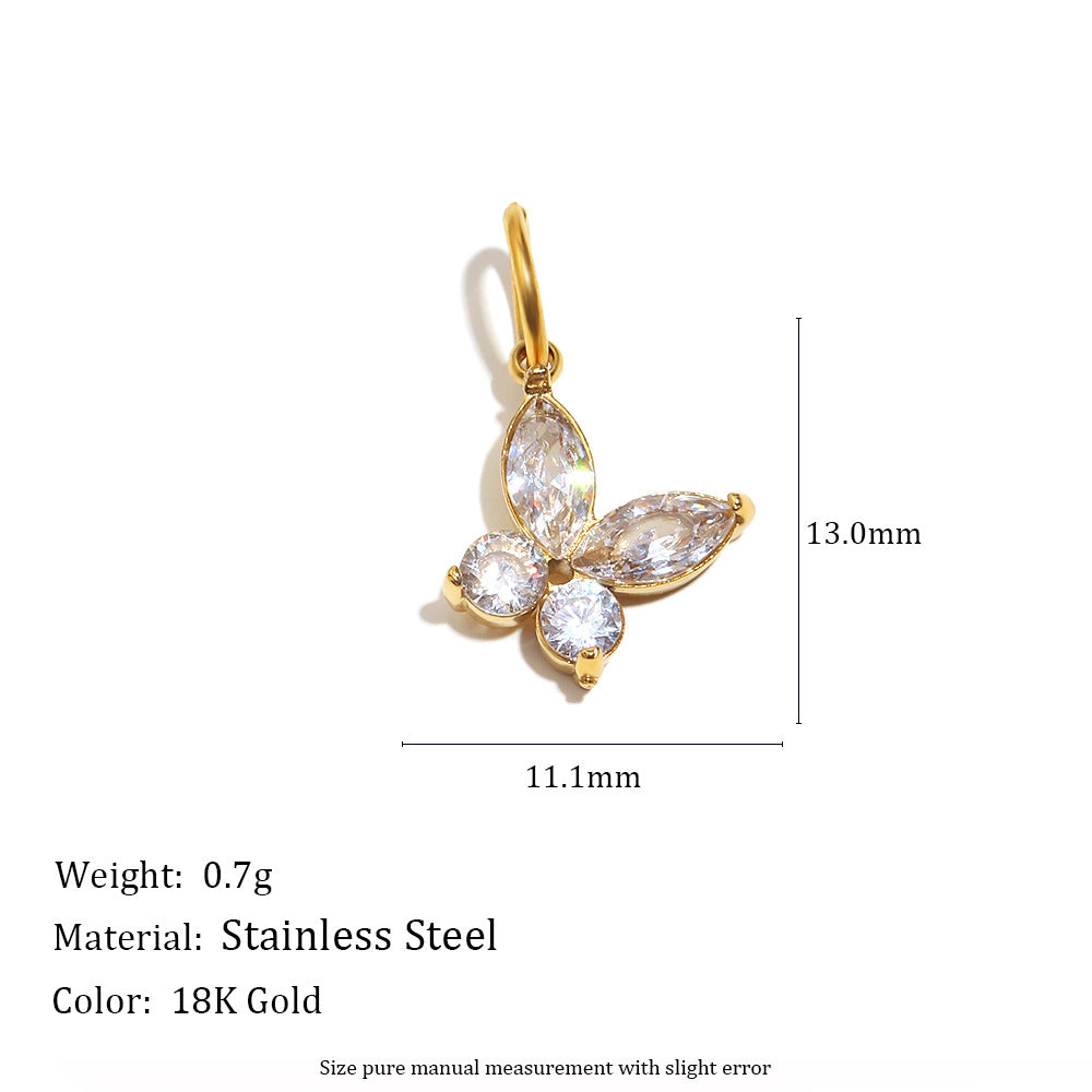 Elegant 18K Gold Plated Stainless Steel Butterfly Flower Fruit Cubic Zirconia Charm Bar Pendant