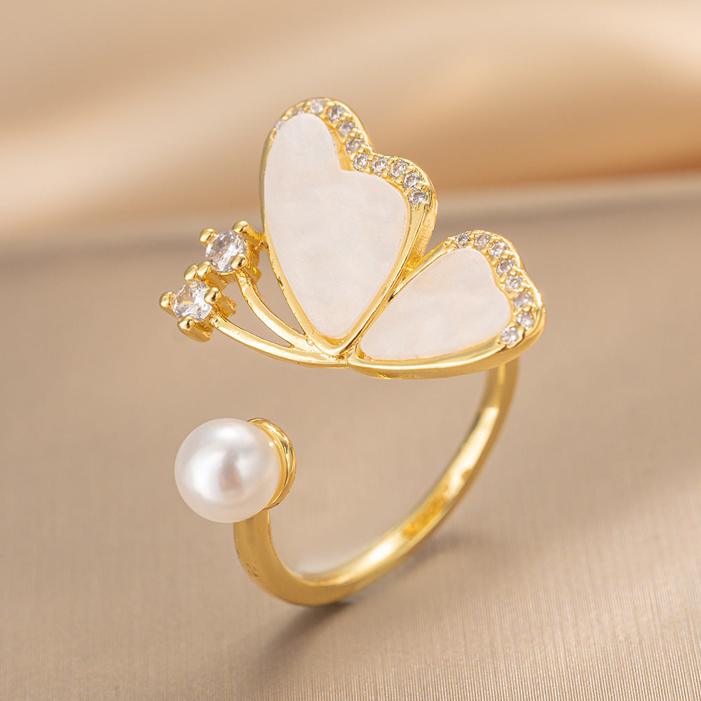 Luxury Minimalist Adjustable Open Ring for Women with Gold-Plated Copper Band and Zircon Stone Accent in Heart and Floral Shape