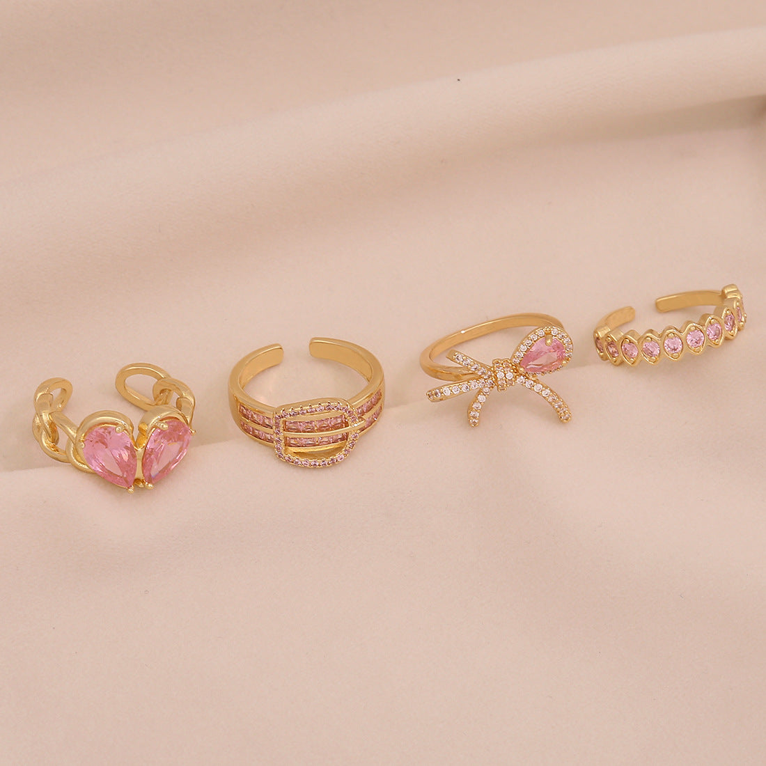 Fashionable Heart-Shaped and Bowknot-Designed Copper Ring with Cubic Zirconia Inlay for Women