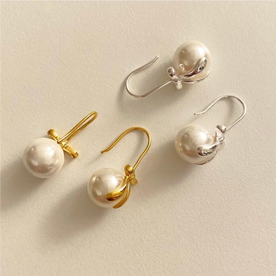 Sweet Bowknot Pearl Stud Earrings in 925 Sterling Silver with Teardrop Shape
