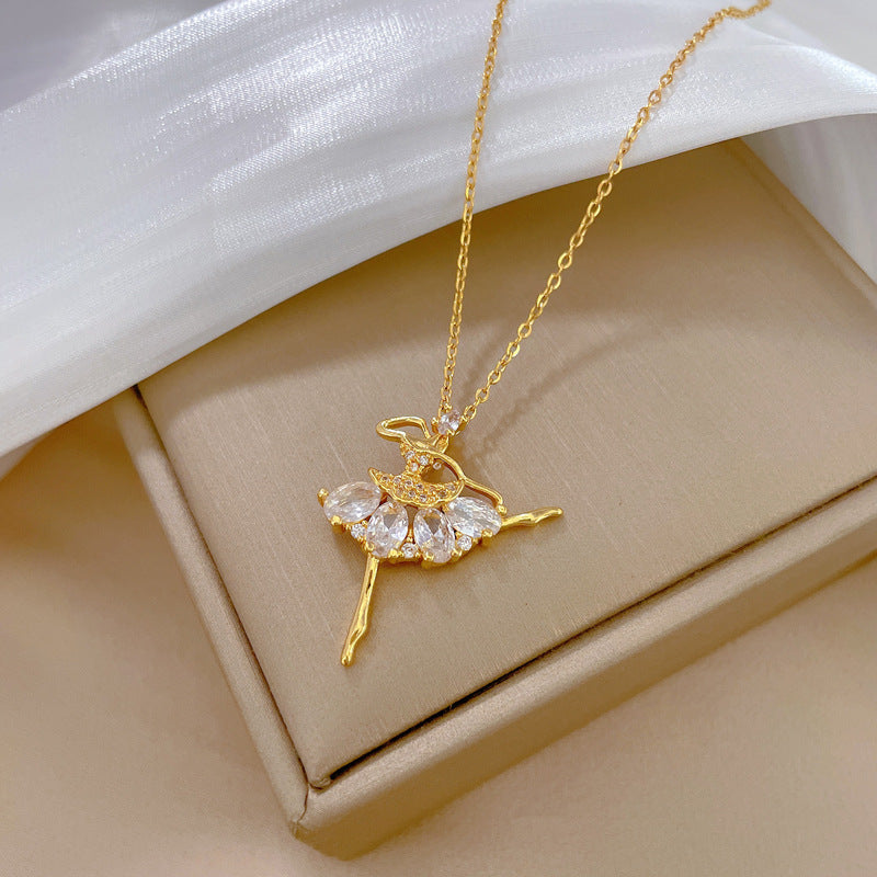 Elegant Ballet Dancer Pendant Necklace for Women with Rhinestone Accents on Titanium Steel Chain, Geometric Design, Minimalist and Sweet Style