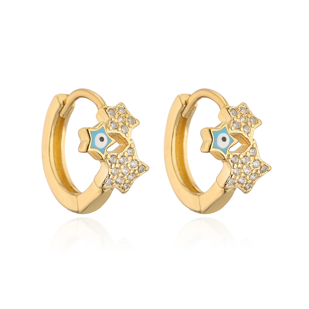 Fashionable Geometric Star-Shaped Copper Earrings with Gold Plating and Enamel Eye Detail for Women
