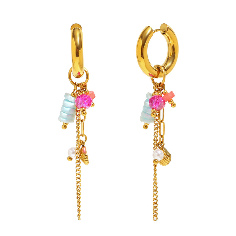 Vintage-Inspired Geometric Stainless Steel Earrings with 18K Gold Plating and Natural Stone Dangle Pendants