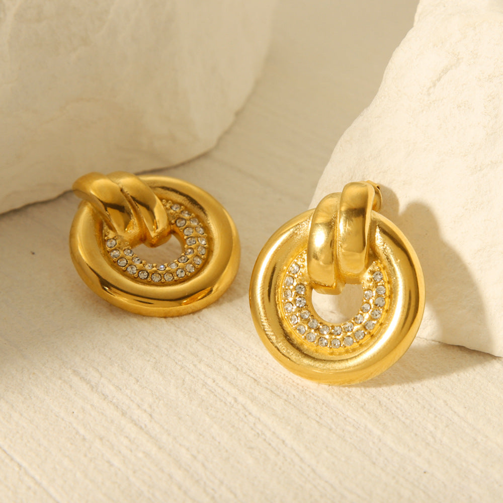Ins Fashion Geometric Round 18K Gold Plated Stainless Steel Rhinestone Earrings for Women