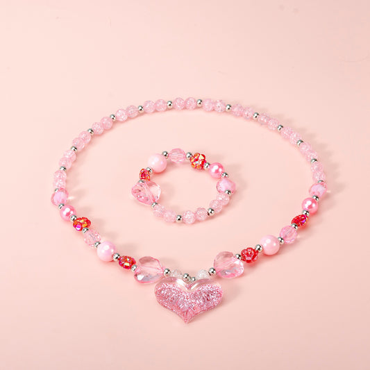 Lindo Juego de Collar con Cuentas de Resina en Forma de Corazón para Niñas con Dije Acrílico y Cadena de Cuentas Redondas