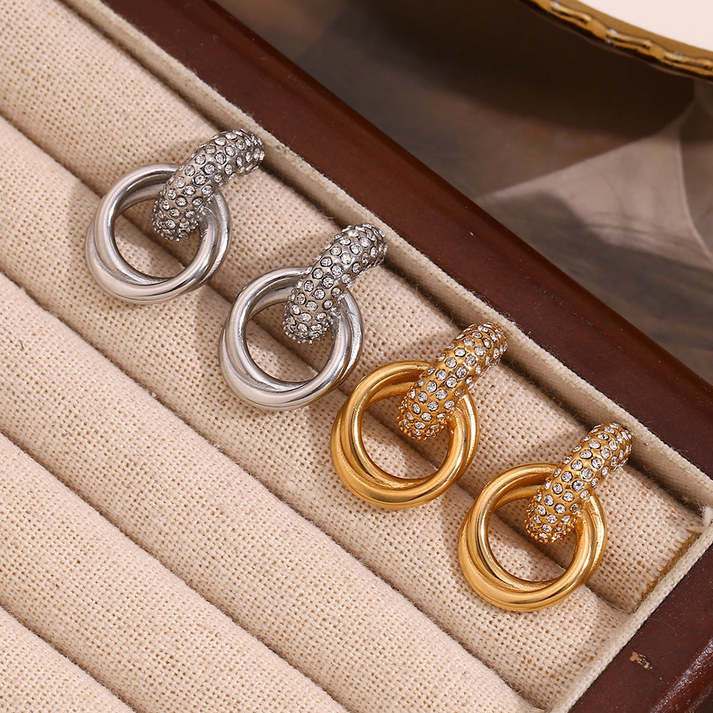 Fashionable Minimalist Geometric Stainless Steel Earrings with 18K Gold Plating and White Zirconia Round Hoop Design for Women