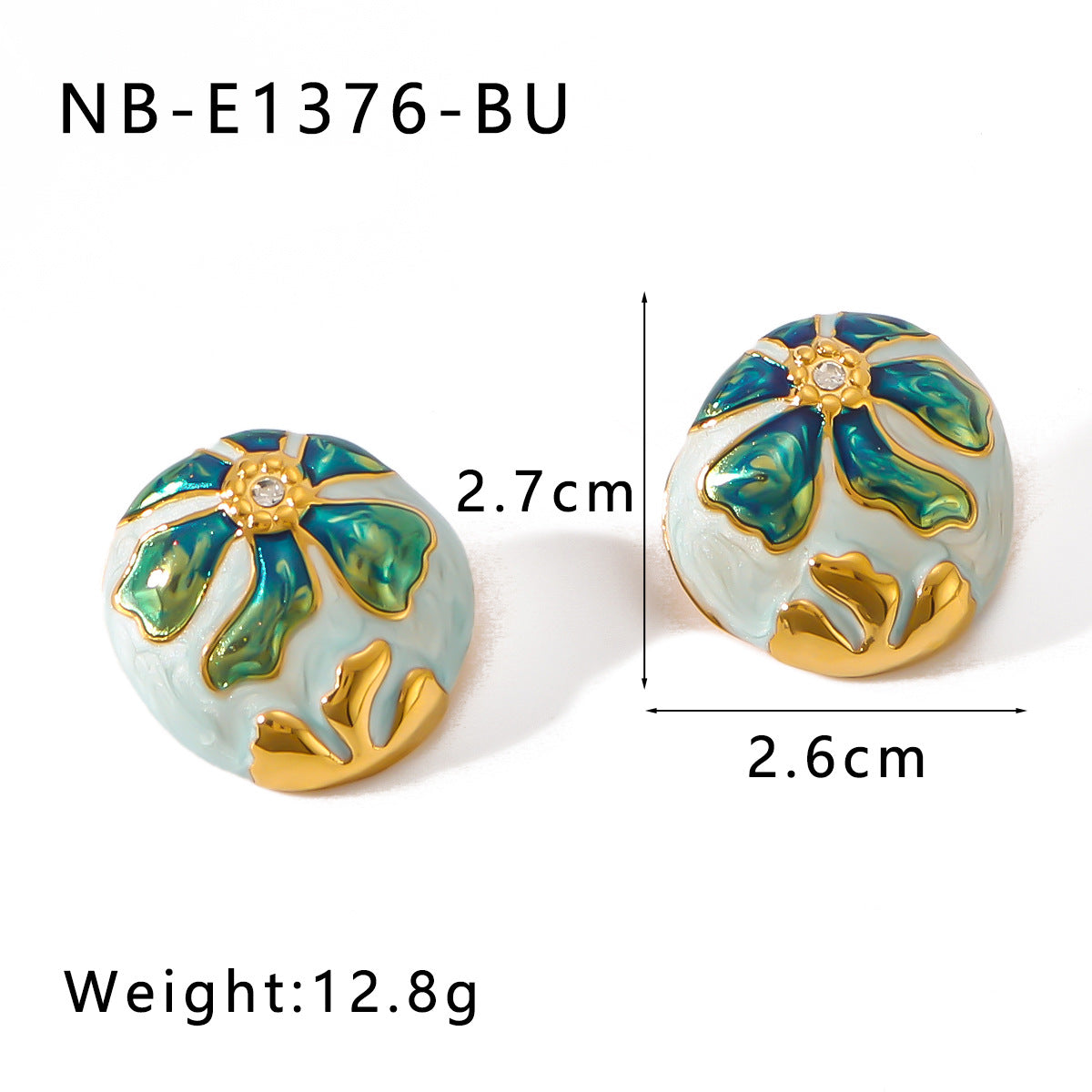 Bohemian Asymmetrical Oval Stainless Steel Earrings with Enamel Floral Pattern and 18K Gold Plating
