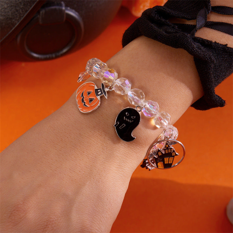 Pulsera de aleación con diseño de gato negro y calavera, temática de Halloween, con cuentas geométricas estilo gótico