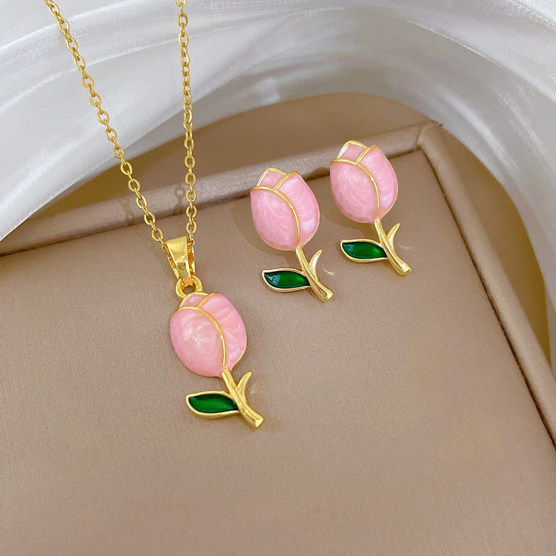 Sweet Minimalist Rose Moon Drip Oil Rhinestone Pendant Necklace Titanium Steel Cable Chain for Unisex