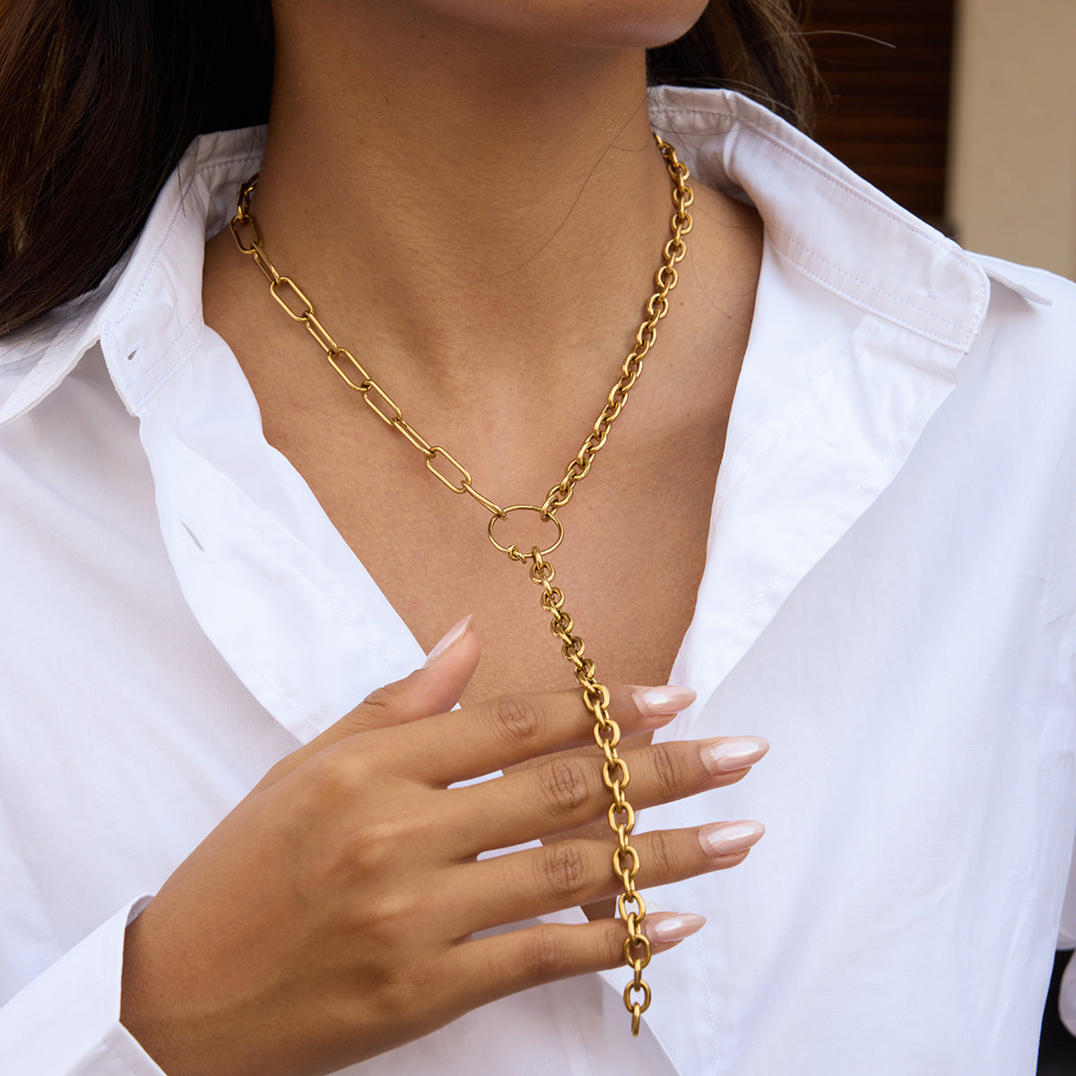 Collar geométrico en Y de acero inoxidable con baño de oro de 18 quilates, estilo lujo ligero para mujer