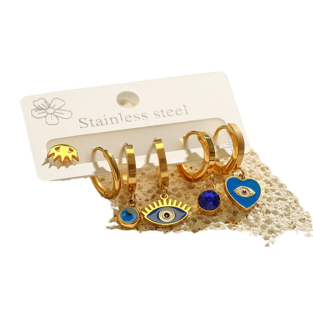 Minimalist Geometric Evil Eye Drop Oil Plated 18K Gold Cubic Zirconia Titanium Steel Earrings for Women