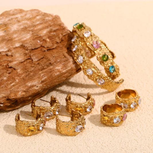 Fashionable Geometric Stainless Steel Plated 18K Gold Irregular Micro-Pave Cast Bracelet and Ring Set