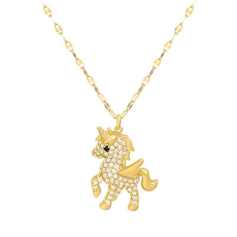 Collana pendente unicorno minimalista da donna in acciaio al titanio con placcatura in oro 18 carati e intarsio di strass