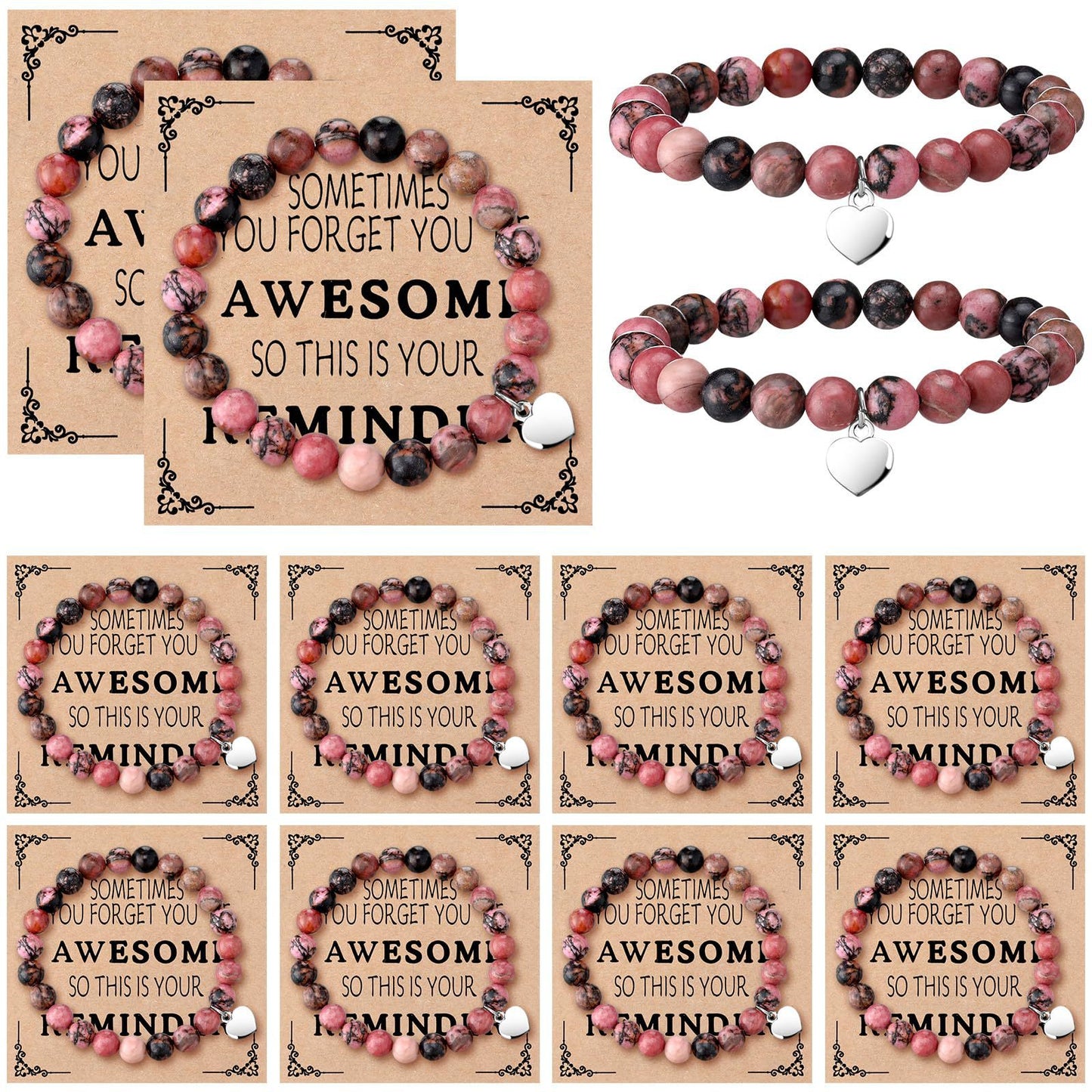 Sweet Natural Pink Zebra Print Crystal Heart Pendant Beaded Bracelet Set Unisex