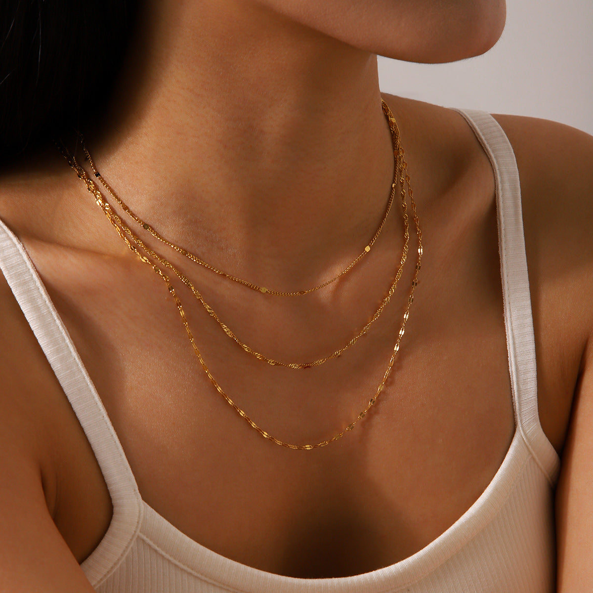 Trendy Geometric 18K Gold Plated Stainless Steel Triple Layer Necklace for Women