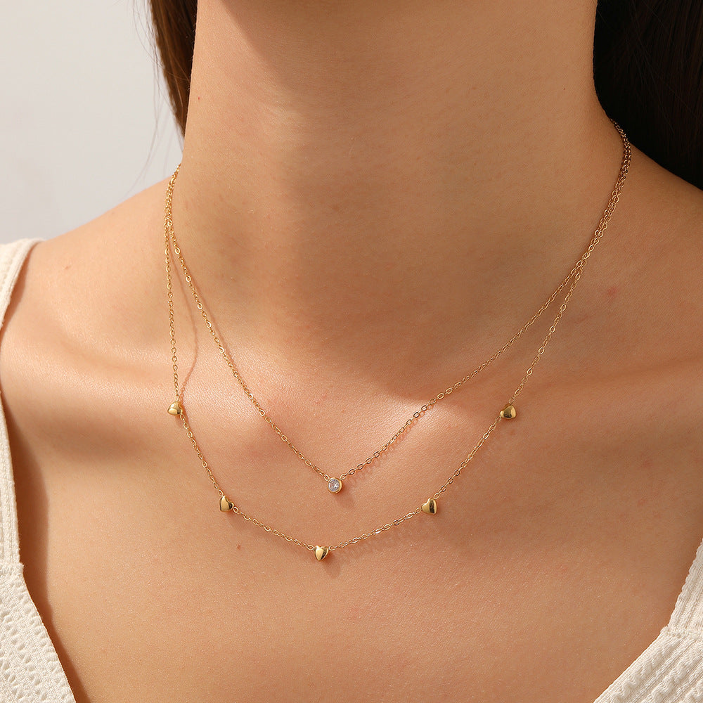 Minimalist Gold Plated Stainless Steel Heart Rhinestone Pendant Layered Necklace for Women