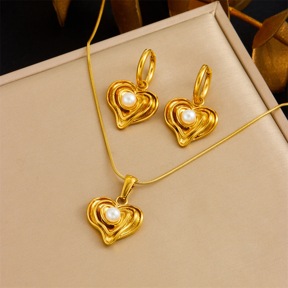 Vintage Gold Plated Heart Teardrop Stainless Steel Necklace and Earring Set with Turquoise and Pearl on Snake Chain for Women