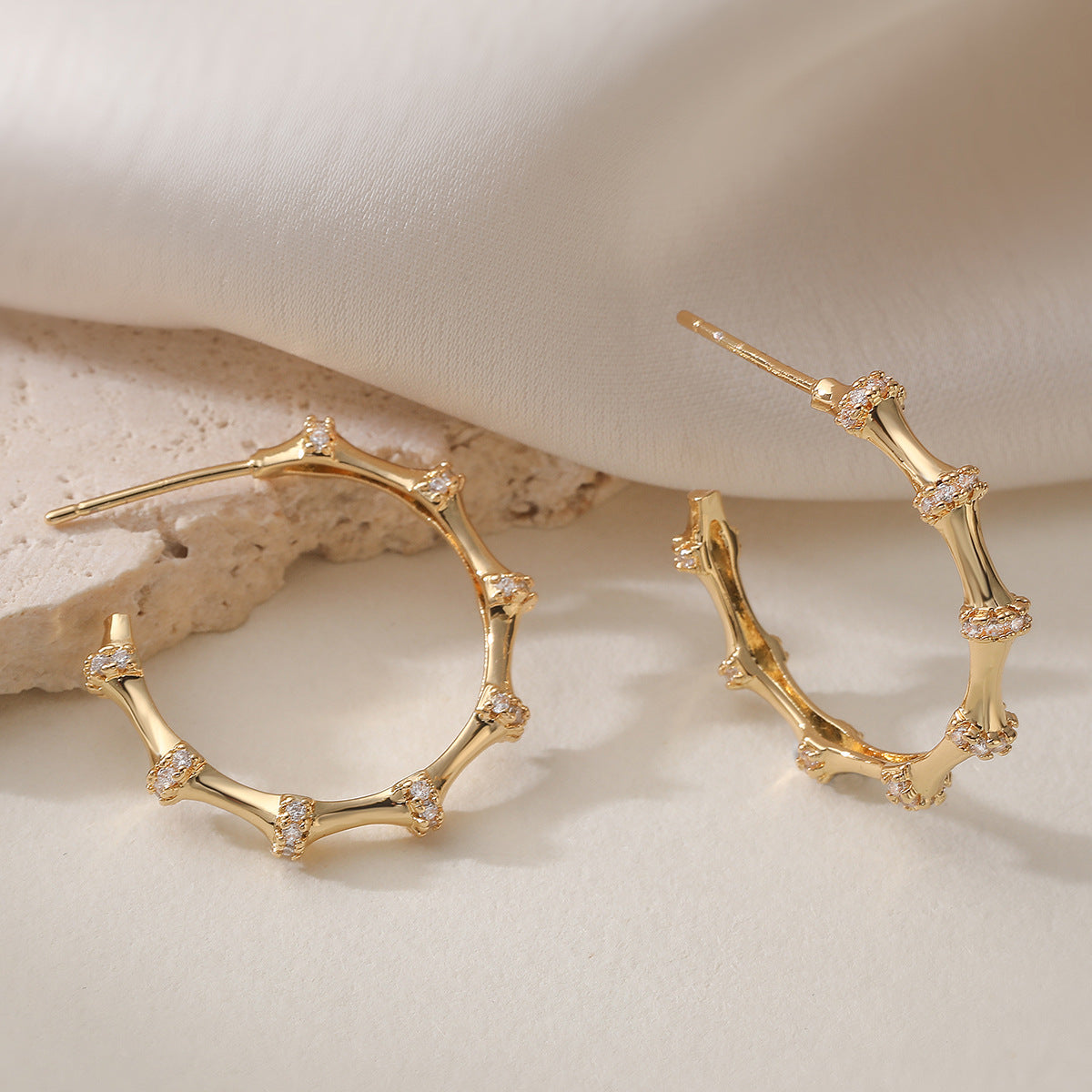 Luxury Elegant Geometric Gold Plated Brass C-Shape Bamboo Hoop Earrings with Cubic Zirconia for Women
