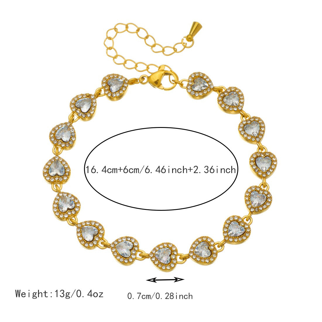 Elegant Business Gold Plated Stainless Steel Heart Geometric Cubic Zirconia Bracelet for Women