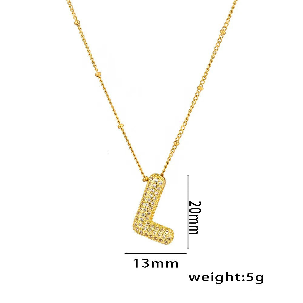 Collana con ciondolo a lettera in zirconi micro-pavé placcato oro 18 carati, catena di perline in acciaio inossidabile/acciaio al titanio, gioielli unisex alla moda per pendolari