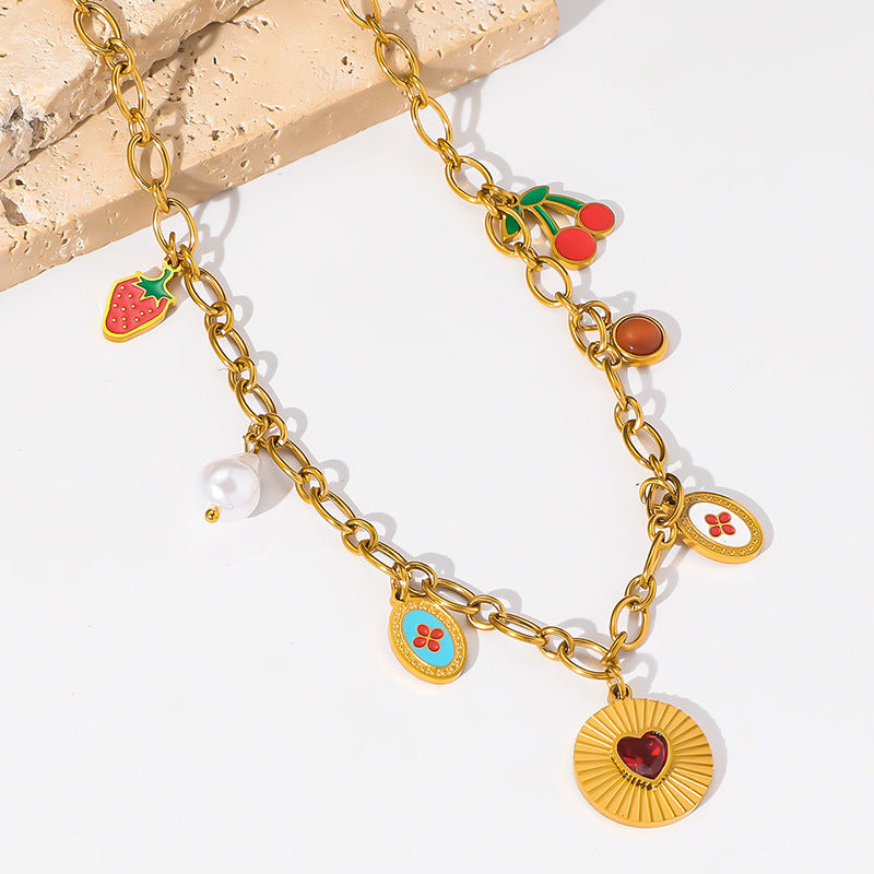 Sweet Rainbow Fruit Heart Stainless Steel Plated Pendant Necklace for Women with Cable Chain