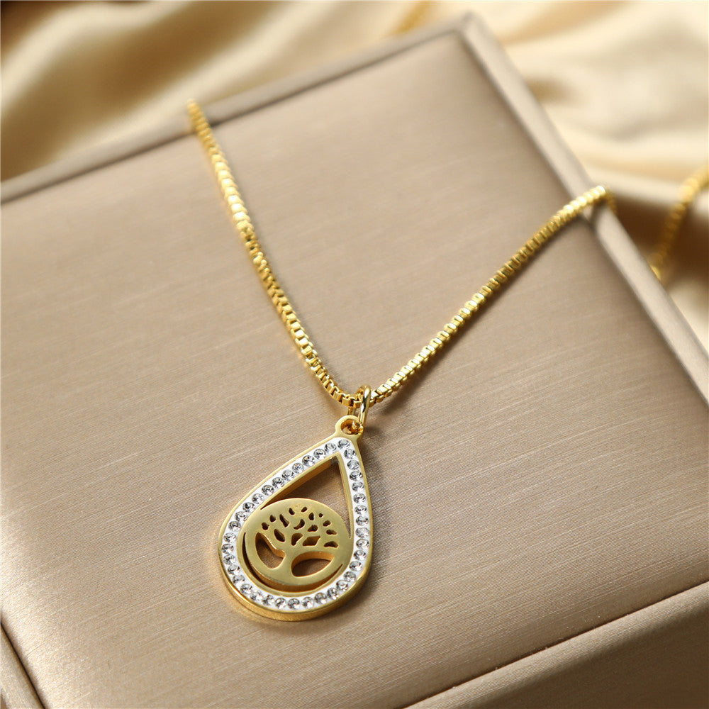 Sweet Teardrop Geometric Stainless Steel Inlaid Cubic Zirconia Alloy Pendant Necklace Box Chain