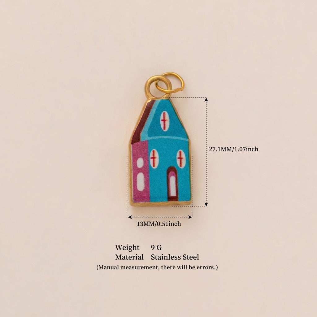 Sweet Printed House Shape Stainless Steel 18K Gold Plated PVD DIY Charm Bar