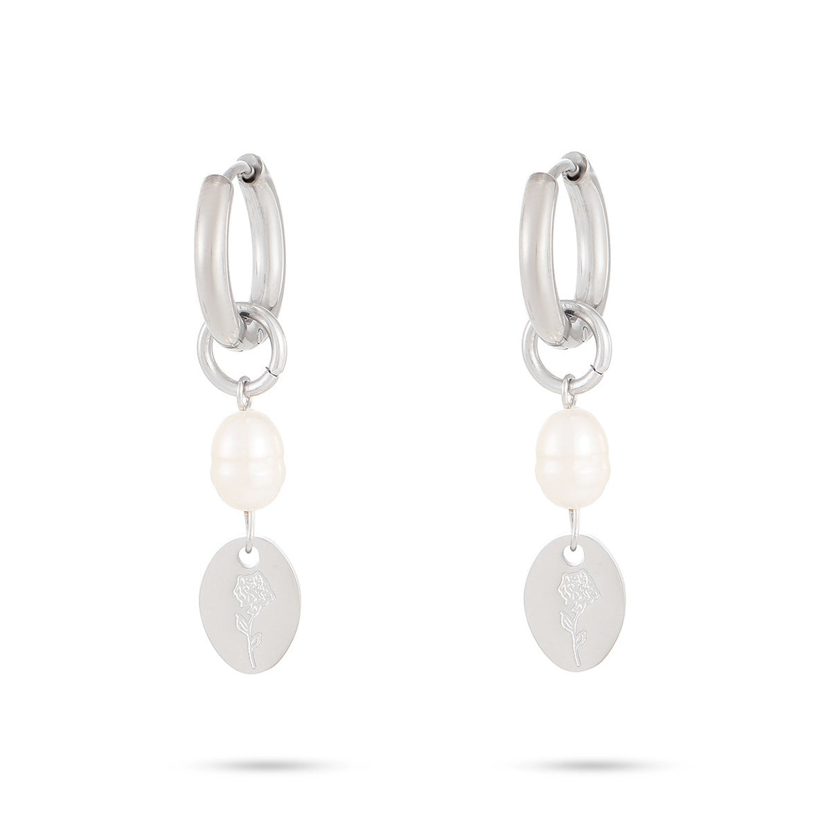 Vintage Elegant 18K Gold Plated Titanium Steel Pearl Flower Geometric Dangle Earrings for Women