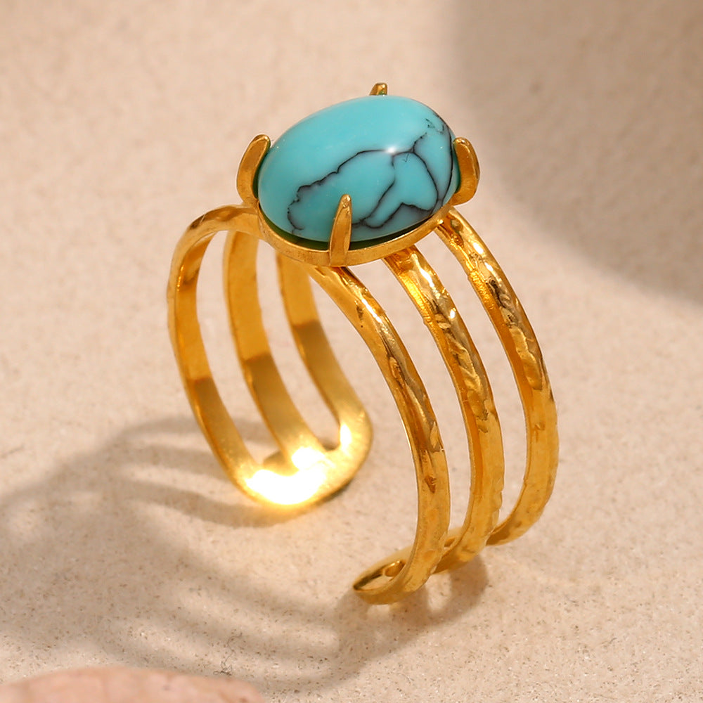 Anello Vintage Geometrico da Donna in Acciaio Inossidabile con Placcatura in Oro 18K e Intarsio Turchese