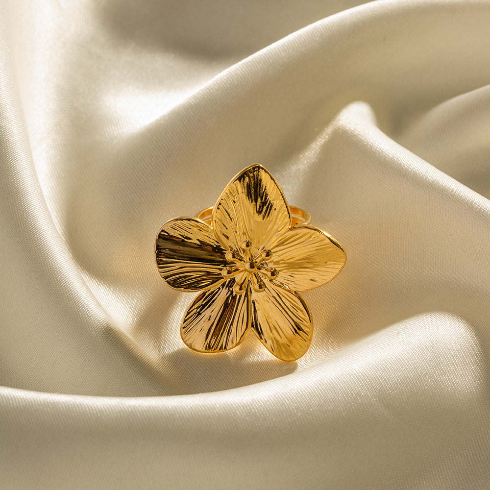 Anello Aperto Floreale Geometico in Acciaio Inossidabile Oro Opaco Stile Palazzo Francese Vintage