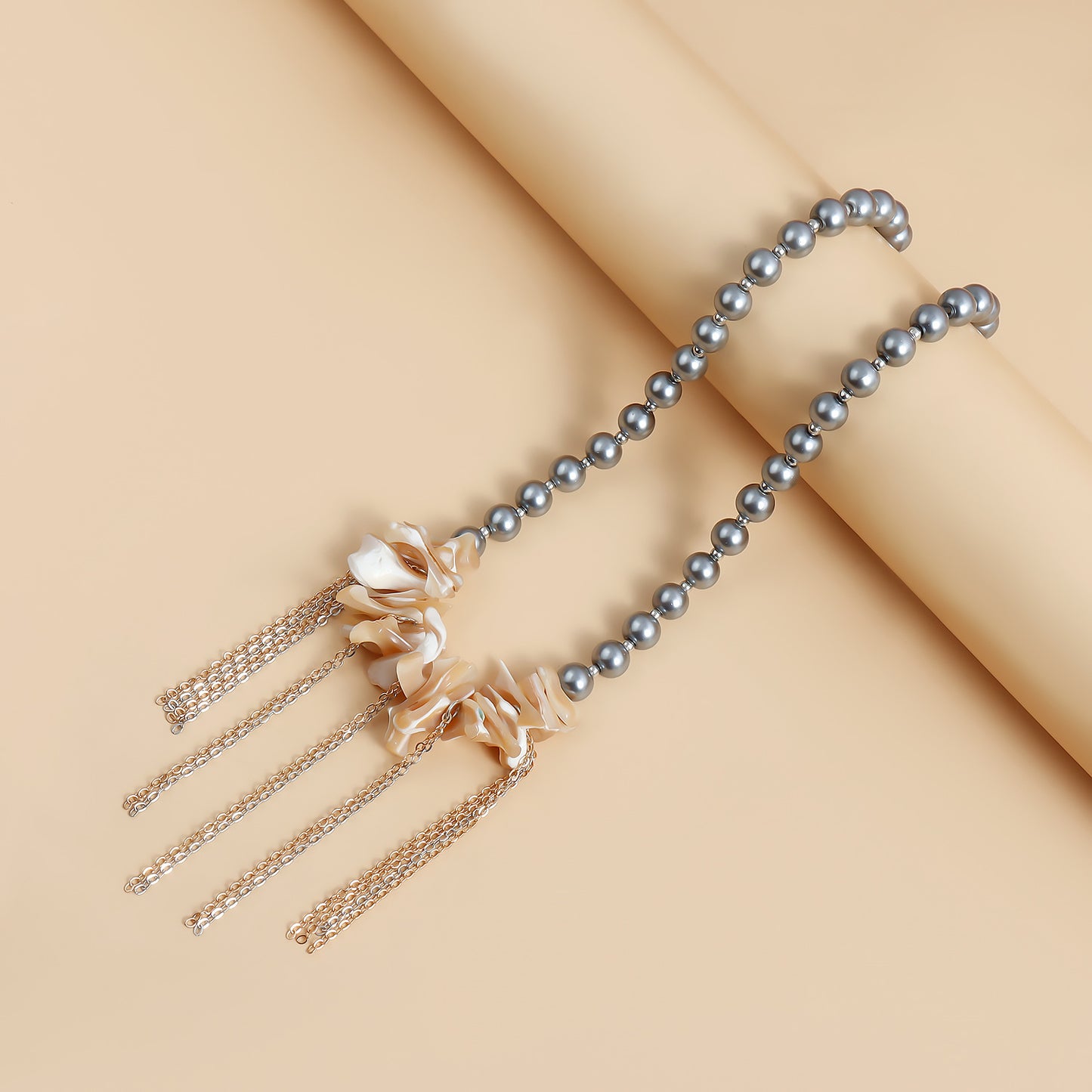 Irregular Seashell Pendant Layered Clavicle Necklace with Tassels for Women, Alloy Electroplated Glass Jewelry