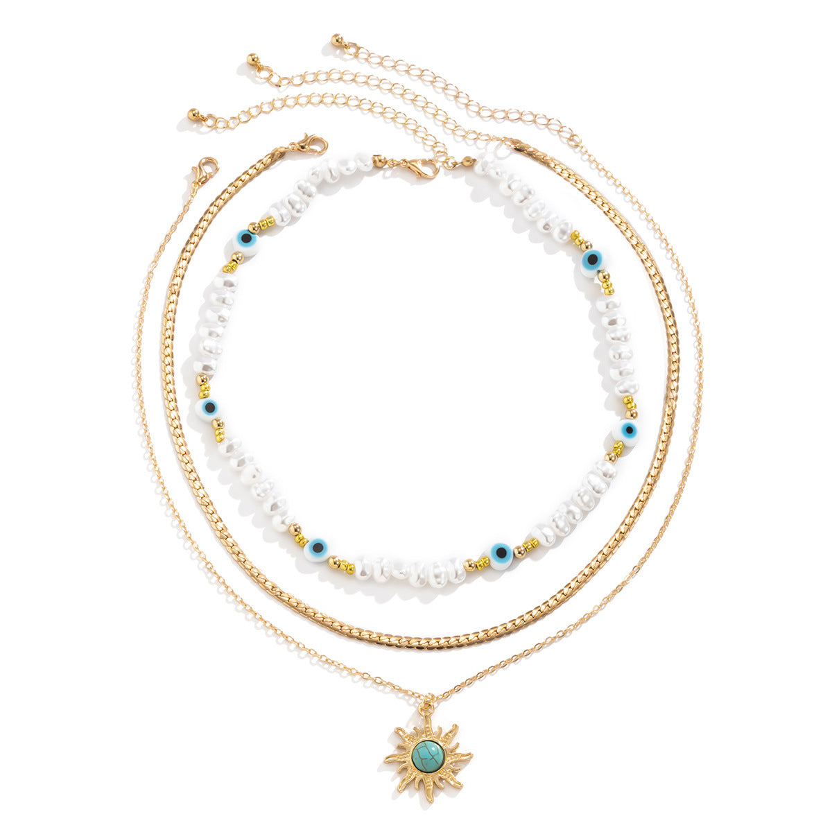 Vintage Bohemian Eye Sun Pendant Resin Alloy Pearl Turquoise Ball Chain Necklace