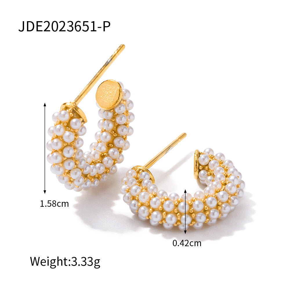 Sweet Geometric Stainless Steel C-Shape Hoop Earrings with Pearl Inlay for Women