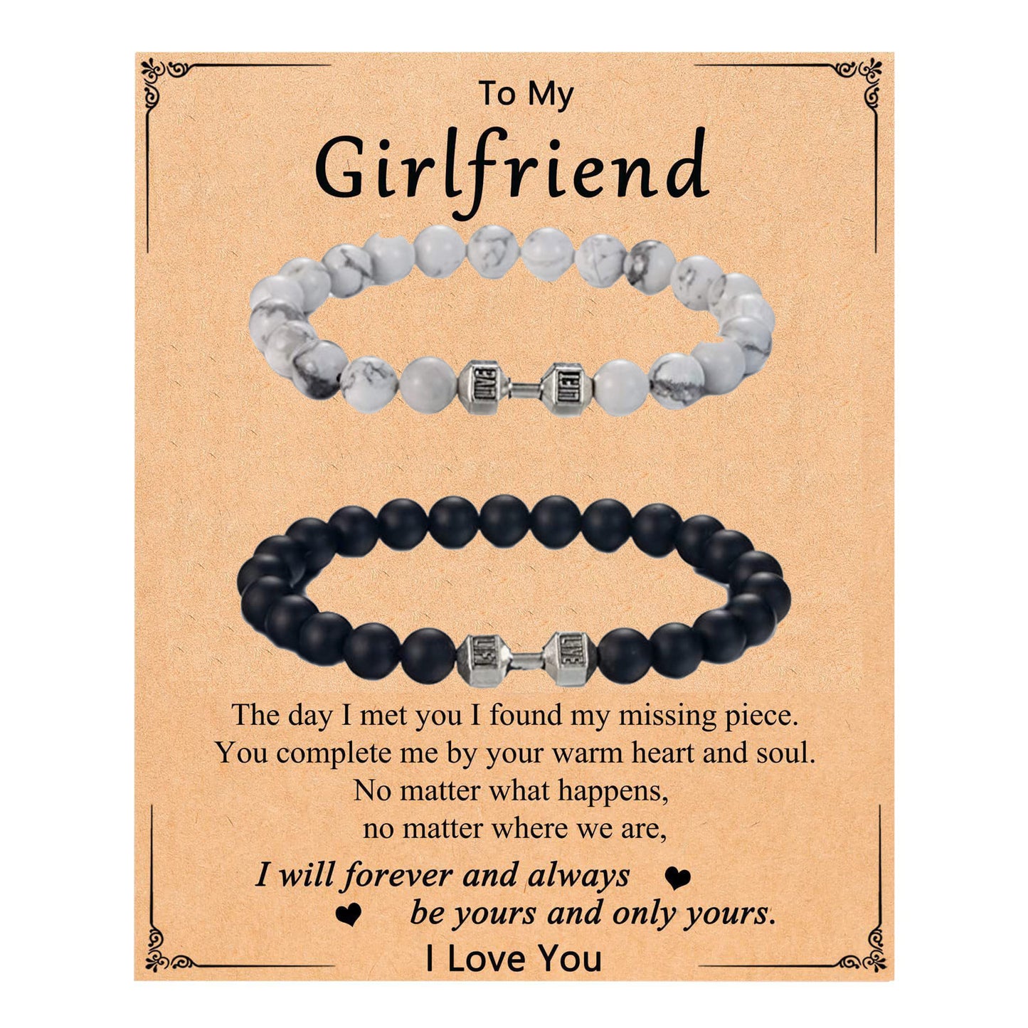 Minimalist Black and White Matte Geometric Dumbbell Pendant Turquoise Beaded Bracelet Set for Couples