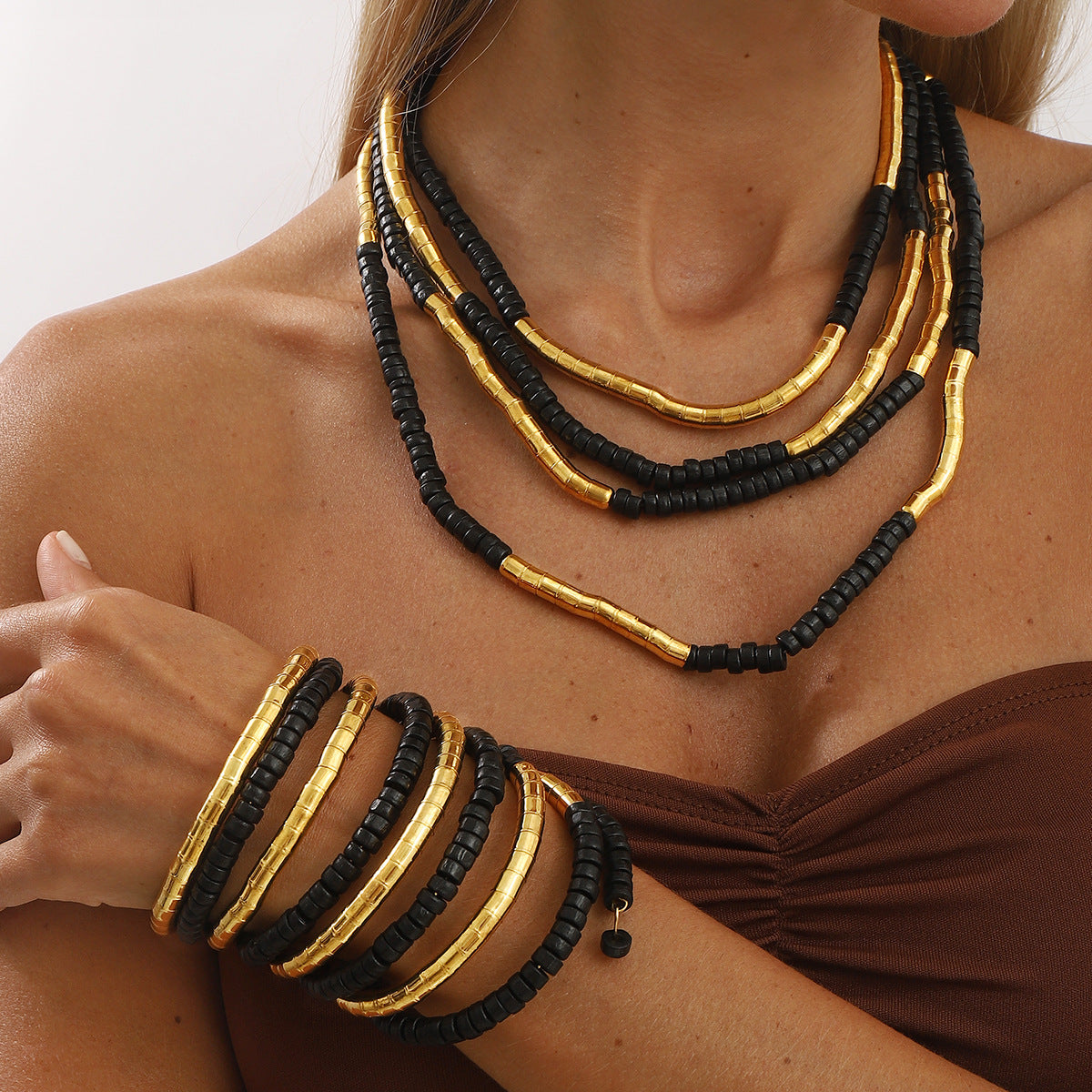 Bracciale in lega e perline di legno stile Punk Vintage con forme geometriche, set di bracciali multistrato fatti a mano e impilabili