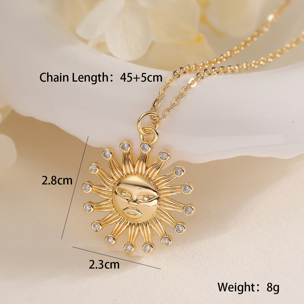 Minimalist Sun-Shaped Pendant Necklace for Women with Copper Base Plated in 18K Gold and Zircon Inlay