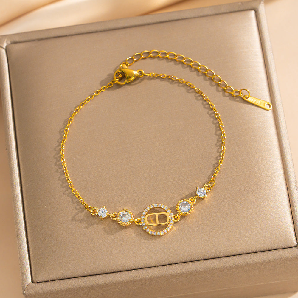 Minimalist Geometric Titanium Steel Bracelet for Women with Gold Plating and Letter C D Design