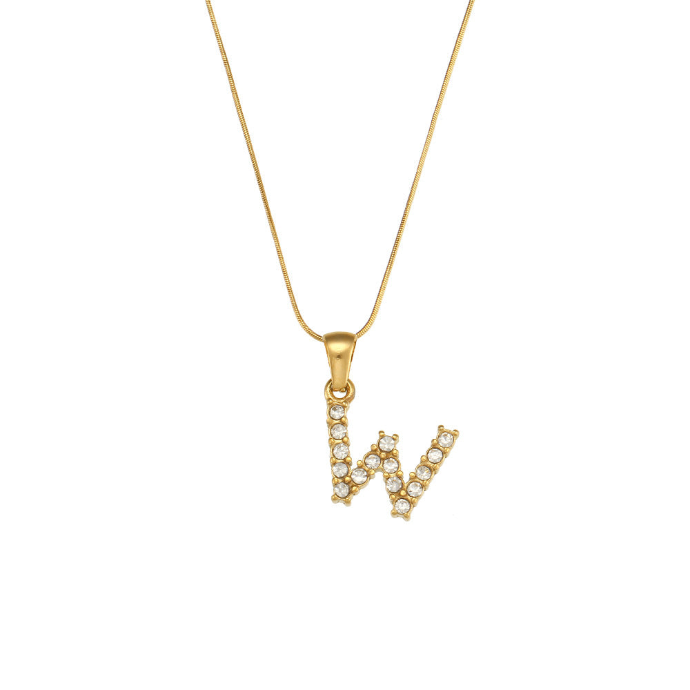 Fashion Minimalist Letter Pendant Necklace in Stainless Steel with 18K Gold Plating and Cubic Zirconia on Thin Snake Chain for Women