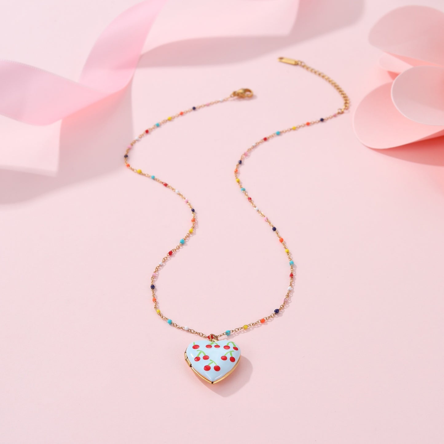 Cute Dopamine-Inspired Heart and Fruit Pendant Necklace in Stainless Steel with Gold Plating, Fashionable Minimalist Jewelry for Women