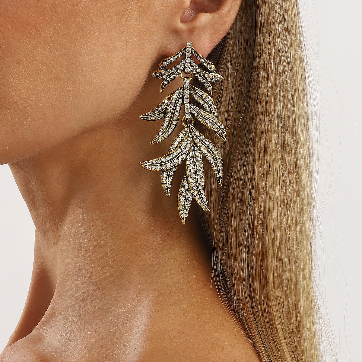 Elegant Leaf-Shaped Zirconia-Inlaid Zinc Alloy Earrings for Women with Stainless Steel Posts, Geometric and Botanical Design